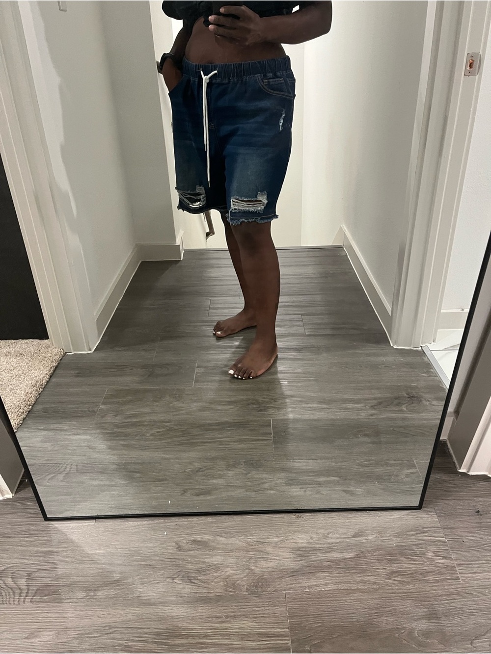 SHEIN Dark Blue Distressed Denim Drawstring Shorts